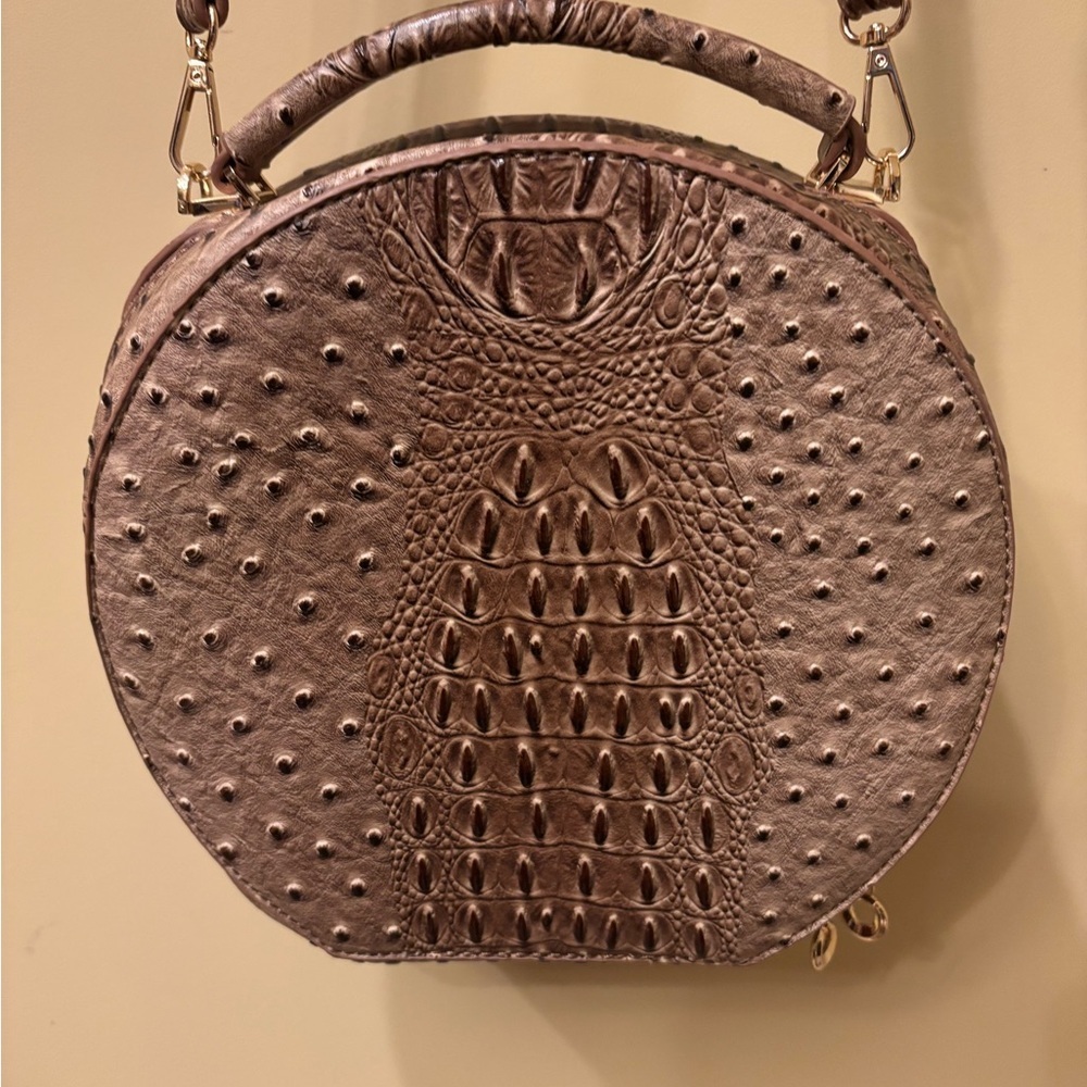 Round Croc-Embossed Crossbody Bag | Brown Ostrich Texture | Top Handle & Strap - Picture 2 of 9